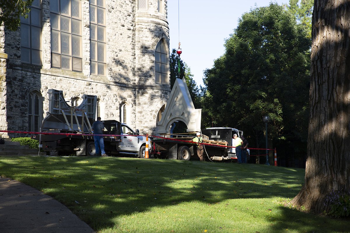 Crews are installing the first piece of metal fabrication to the clock tower on King Chapel! The work is part of a bigger project to fix up that entire tower and clock.
